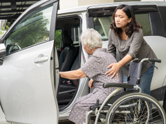 Carer supporting a person into a car from a wheelchair